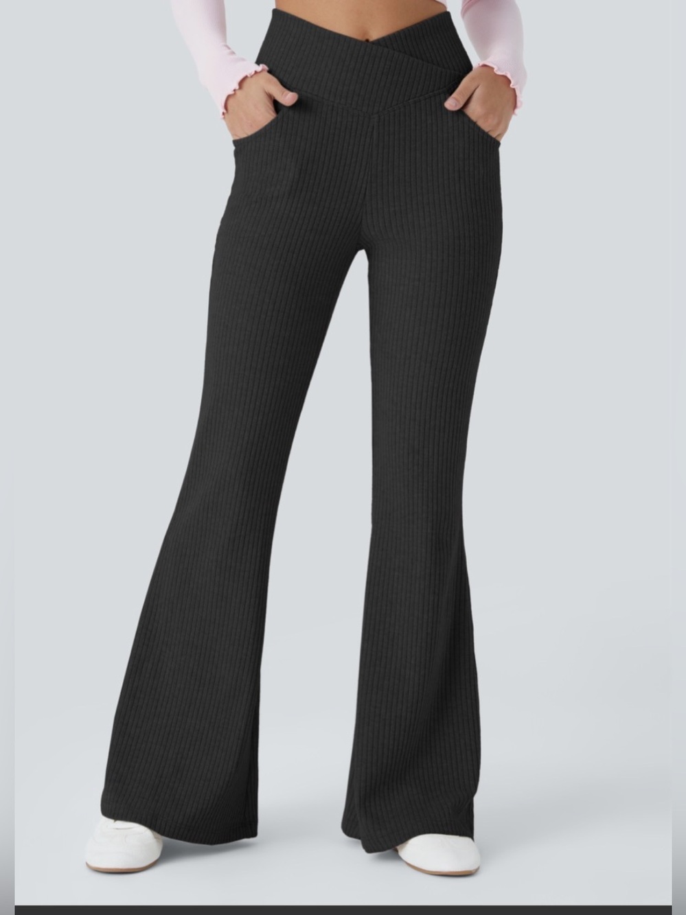 HALARA Black Ribbed Flare Pants with V-Front Waist